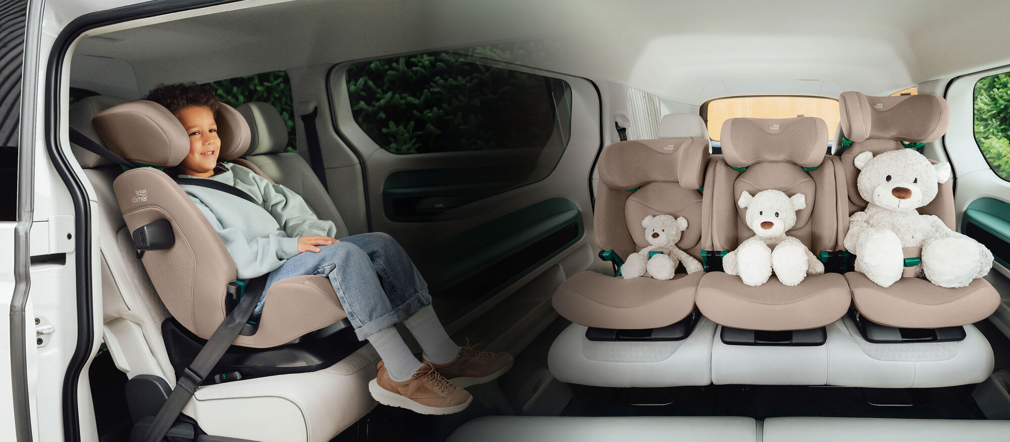 Crian&ccedil;a presa na cadeira auto SAFEFIX bege, destacando seguran&ccedil;a, conforto e design evolutivo.