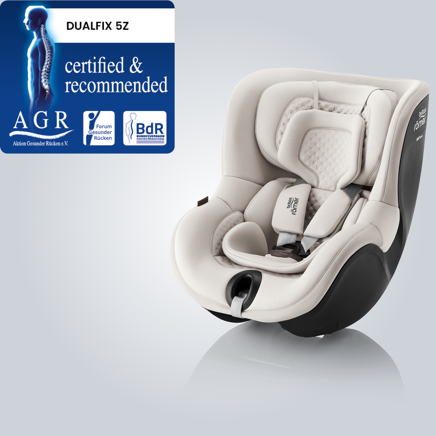 DUALFIX 5Z, a 360&deg; rotating toddler car seat, shown in a front-facing position with the Aktion Gesunder R&uuml;cken e.V. &ldquo;Tested & Recommended&rdquo; badge.