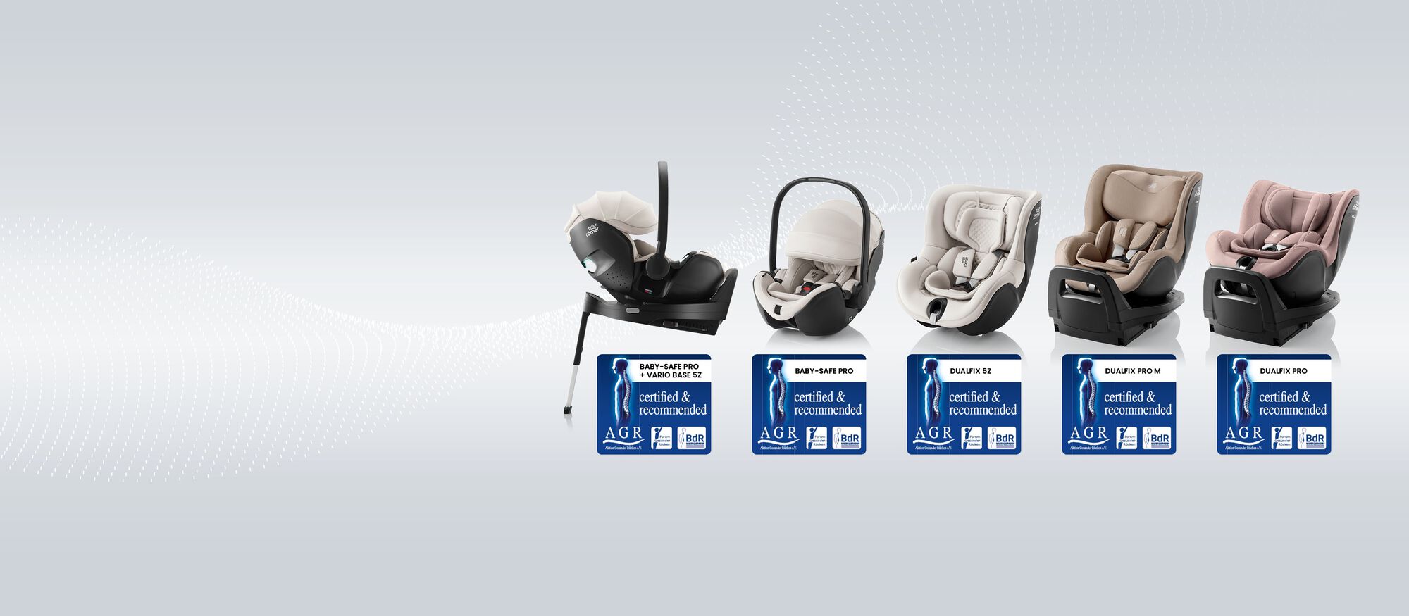 Cadeiras auto para beb&eacute;s e crian&ccedil;as certificadas pela Aktion Gesunder R&uuml;cken e.V. (AGR), concebidas com ergonomia favor&aacute;vel &agrave;s costas, apresentadas em v&aacute;rios modelos com o log&oacute;tipo de certifica&ccedil;&atilde;o AGR.